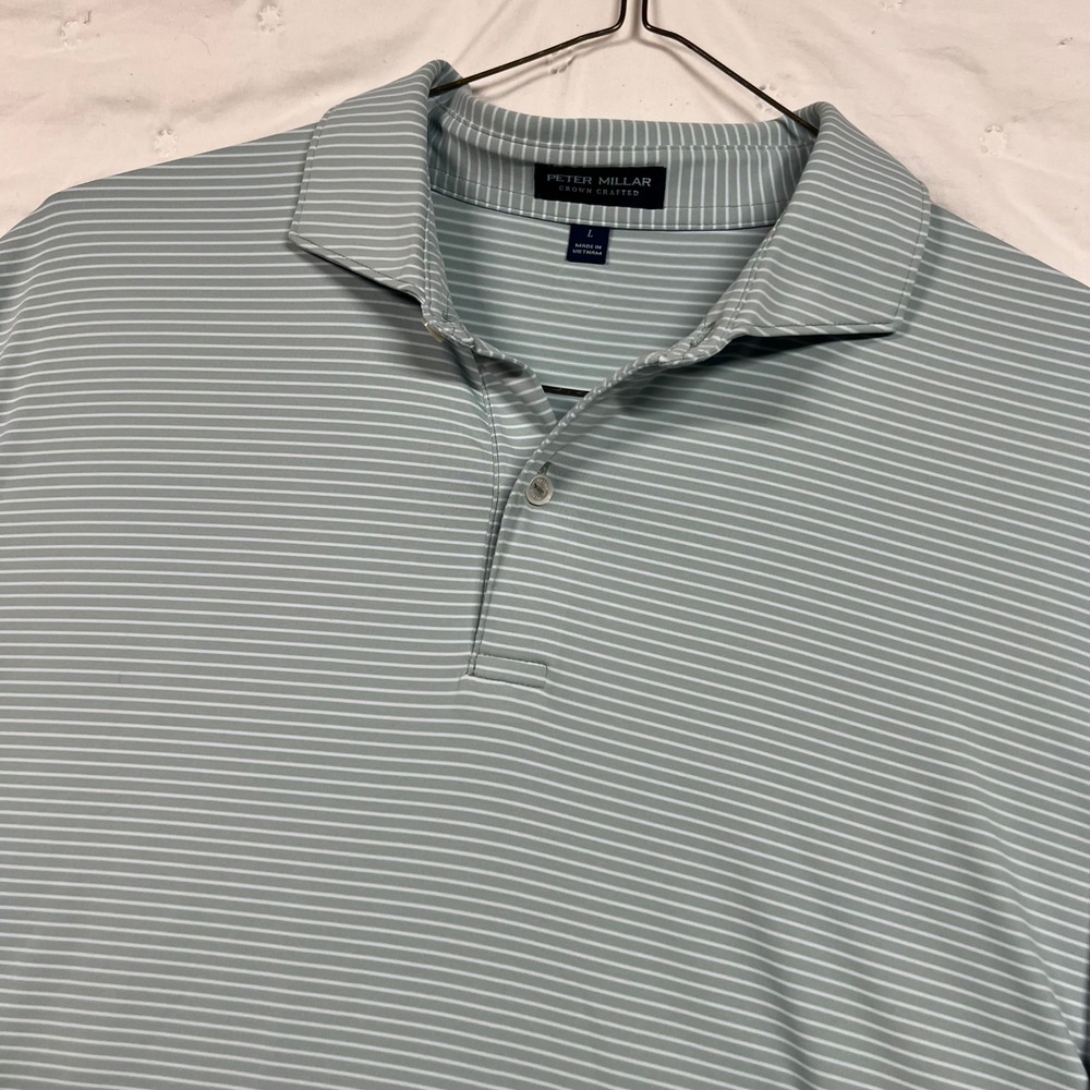 Peter Millar Crown Crafted Mens Large Green Striped Performance Polo CME Logo